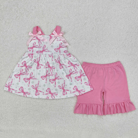Baby Girls Pink Bows Straps Top Ruffle Shorts Clothes Sets