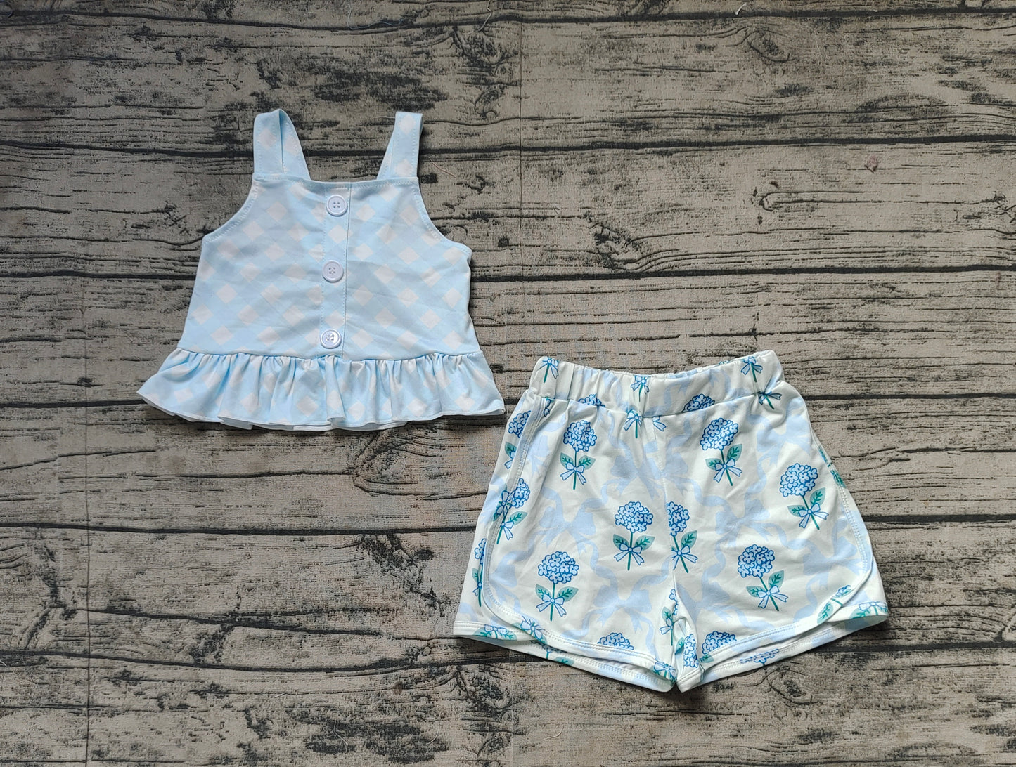 Baby Girls Blue Checkered Straps Top Flowers Shorts Clothes Sets