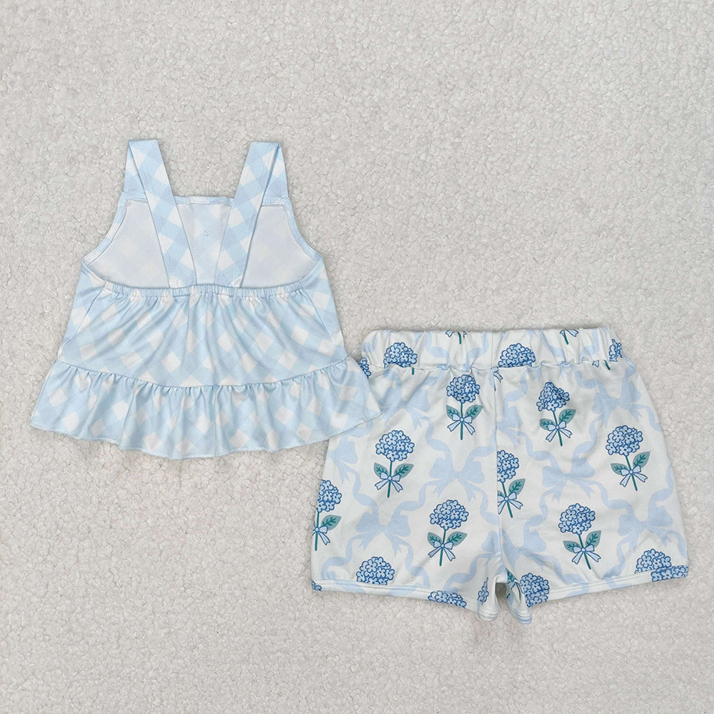Baby Girls Blue Checkered Straps Top Flowers Shorts Clothes Sets