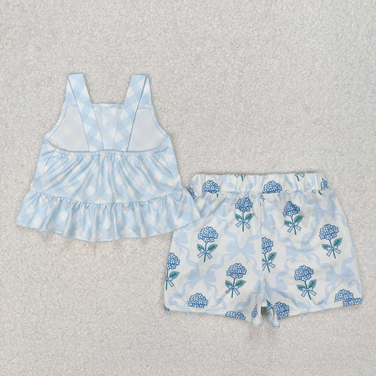 Baby Girls Blue Checkered Straps Top Flowers Shorts Clothes Sets