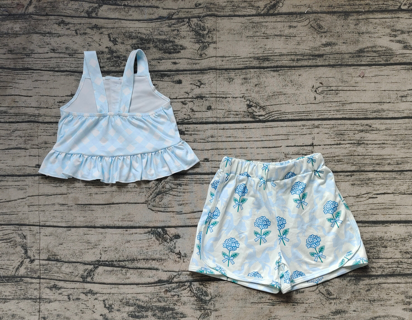 Baby Girls Blue Checkered Straps Top Flowers Shorts Clothes Sets