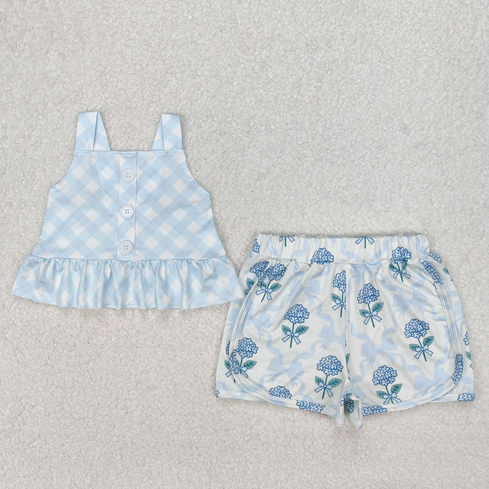 Baby Girls Blue Checkered Straps Top Flowers Shorts Clothes Sets