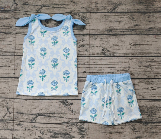 Baby Girls Blue Flowers Bows Top Shorts Clothes Sets