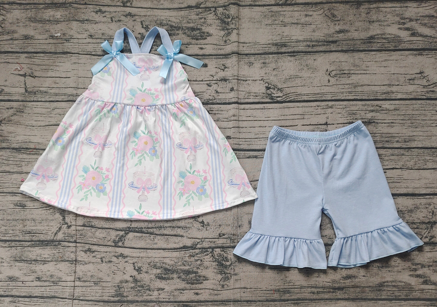 Baby Girls Flowers Cakes Straps Bows Top Shorts Clothes Sets