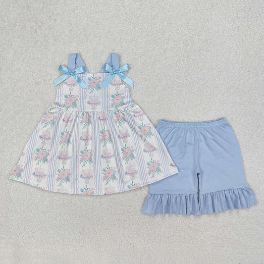 Baby Girls Flowers Cakes Straps Bows Top Shorts Clothes Sets