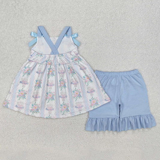Baby Girls Flowers Cakes Straps Bows Top Shorts Clothes Sets