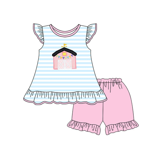 Baby Girls Blue Stripes Farm Top Ruffle Shorts Clothes Sets preorder