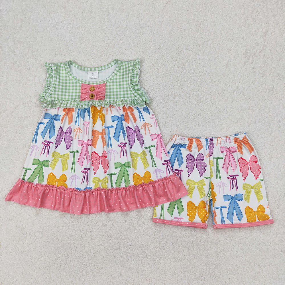 Baby Girls Colorful Bows Tunic Top Ruffle Shorts Clothes Sets