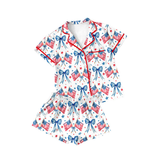 Baby Girls 4th Of July Bows Top Shorts Pajamas Clothes Sets preorder