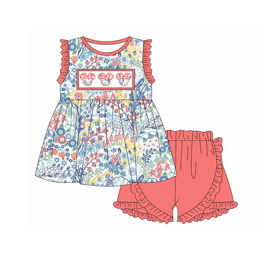 Baby Girls Cartoon Flowers Tunic Top Ruffle Shorts Clothes Sets preorder
