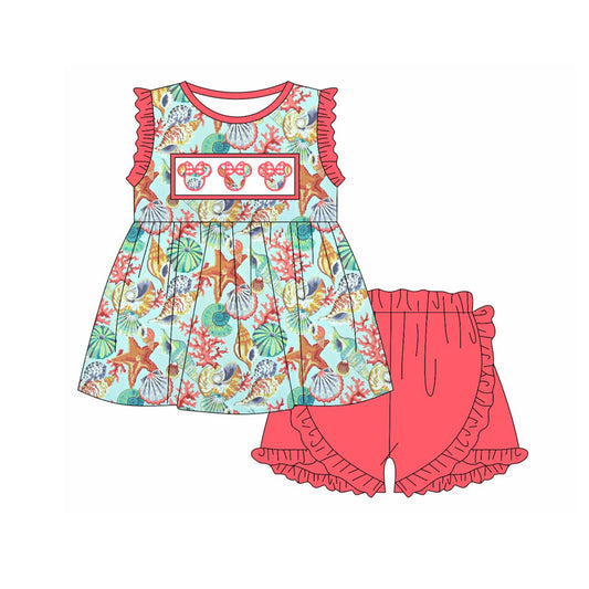 Baby Girls Cartoon Seashell Tunic Top Ruffle Shorts Clothes Sets preorder