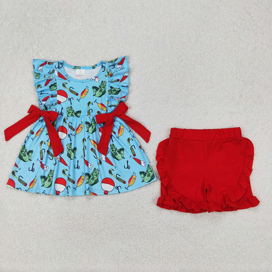 Baby Girls Fishing Float Bows Tunic Top Ruffle Shorts Clothes Sets