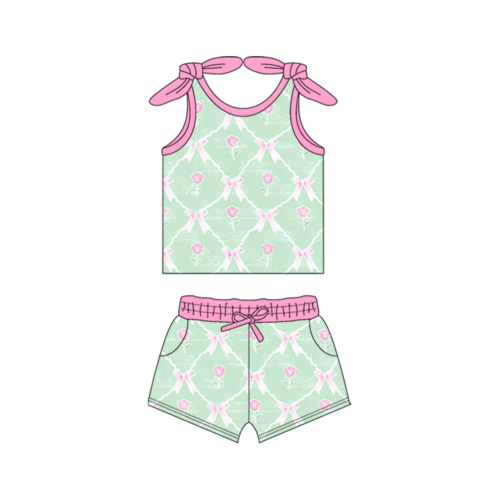 Baby Girls Green Flowers Bows Shirts Top Shorts Clothes Sets preorder