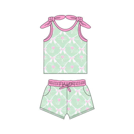 Baby Girls Green Flowers Bows Shirts Top Shorts Clothes Sets preorder
