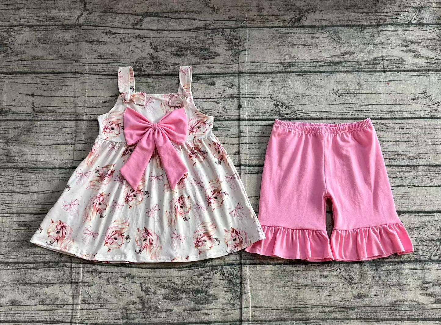 Baby Girls Pink Western Horse Bows Tunic Top Ruffle Shorts Outfits