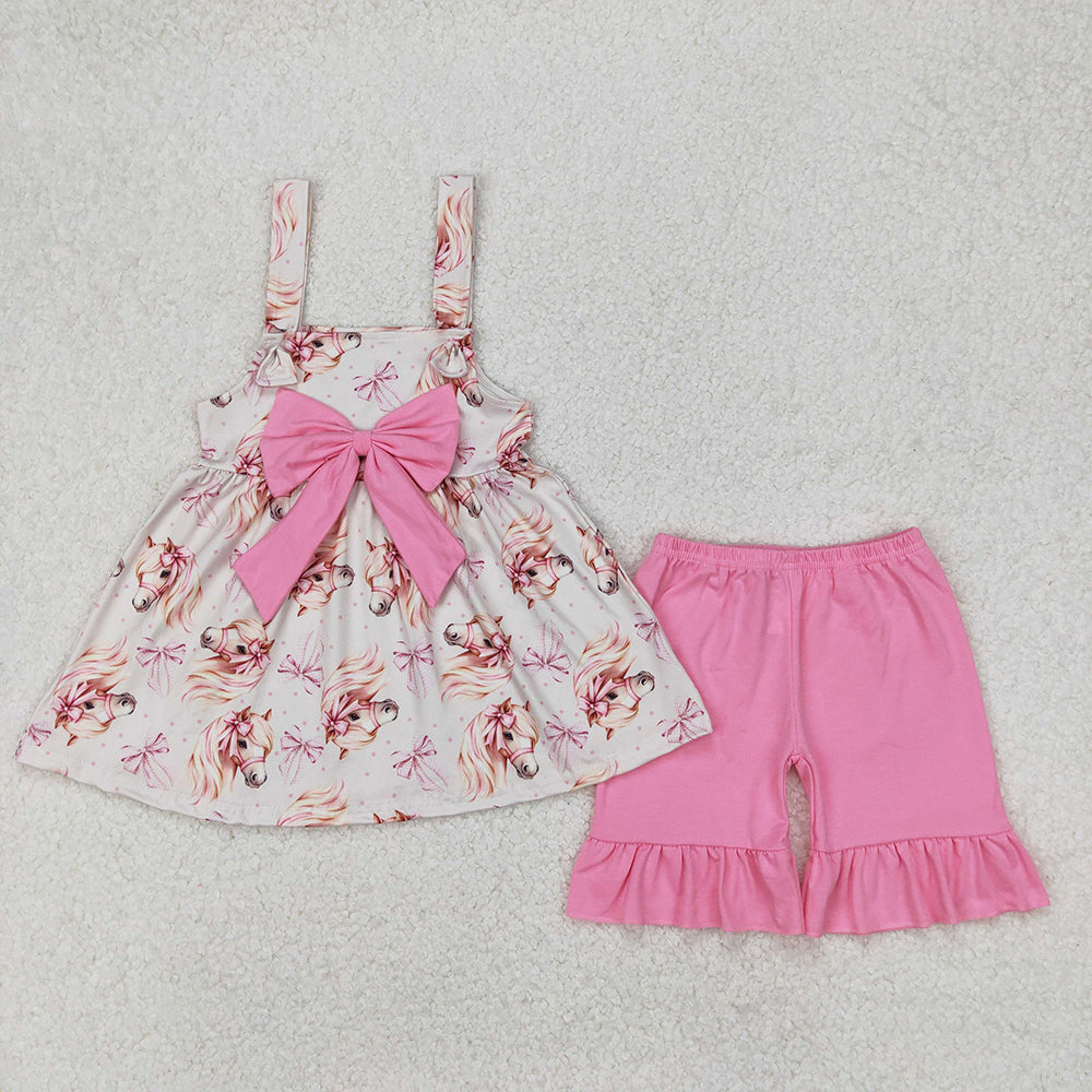 Baby Girls Pink Western Horse Bows Tunic Top Ruffle Shorts Outfits