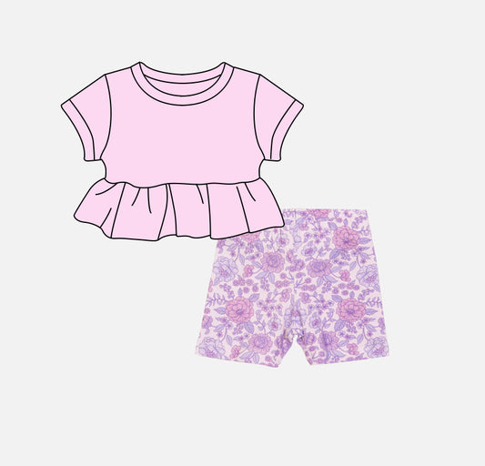 Baby Girls Pink Cotton Tunic Top Lavender Flowers Shorts Clothes Sets Preorder