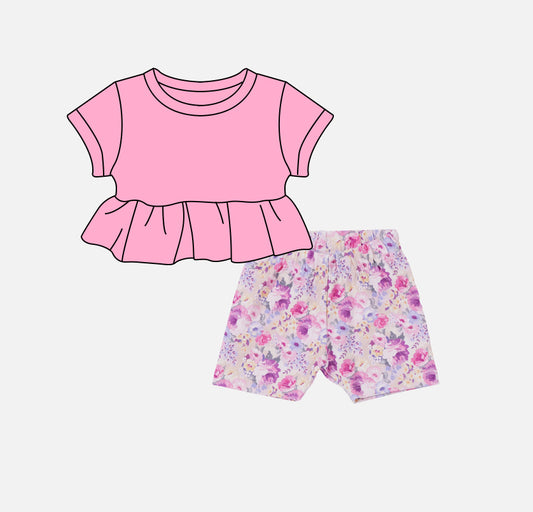 Baby Girls Pink Cotton Tunic Top Purple Flowers Shorts Clothes Sets Preorder