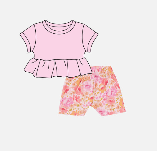 Baby Girls Pink Cotton Tunic Top Flowers Shorts Clothes Sets Preorder