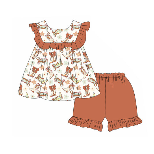 Baby Girls Western Boots Bows Tunic Ruffle Shorts Clothes Sets Preorder