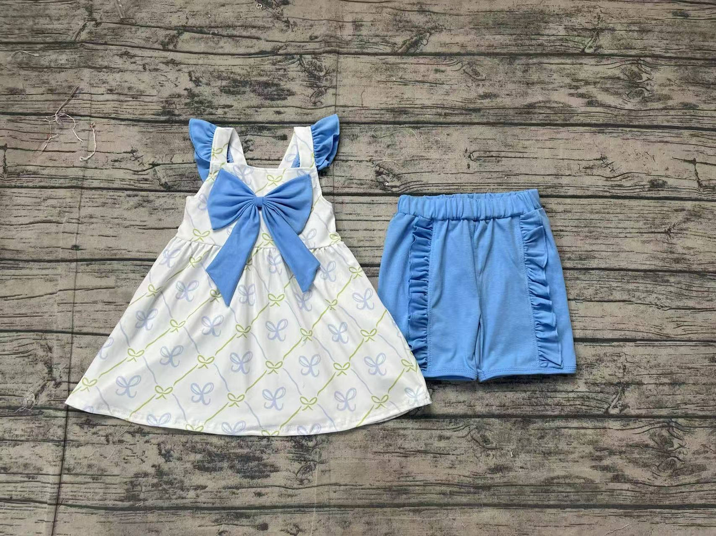 Baby Girls Blue Bows Tunic Ruffle Shorts Clothes Sets