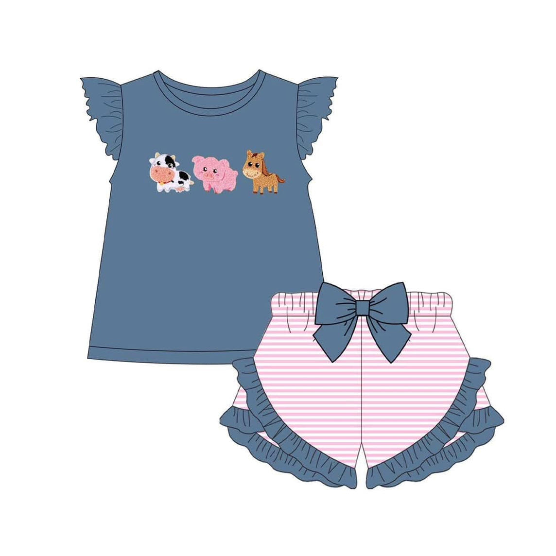 Baby Girls Blue Farm Animals Shirt Stripes Shorts Clothes Sets Preorder