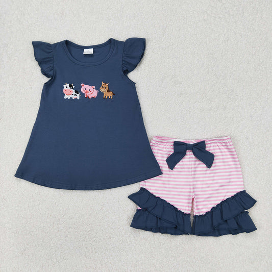 Sibling Embroidery Boys Baby Girls Blue Farm Animals Summer Outfits