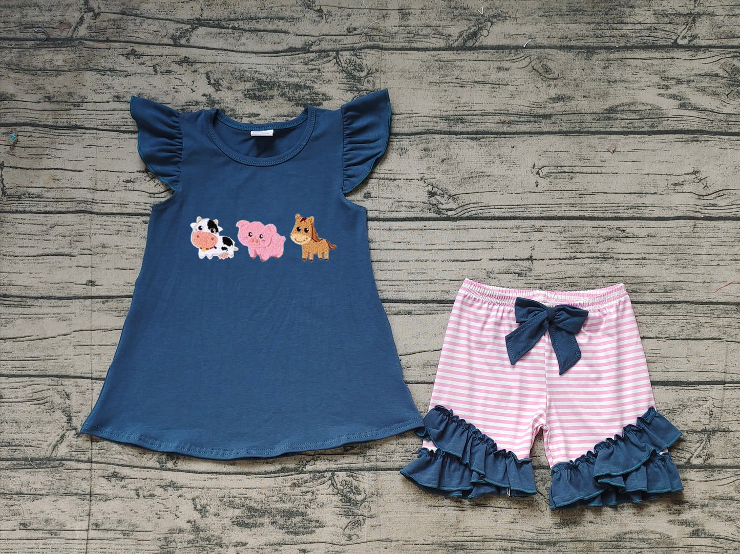 Baby Girls Blue Farm Animals Shirt Stripes Shorts Clothes Sets Preorder