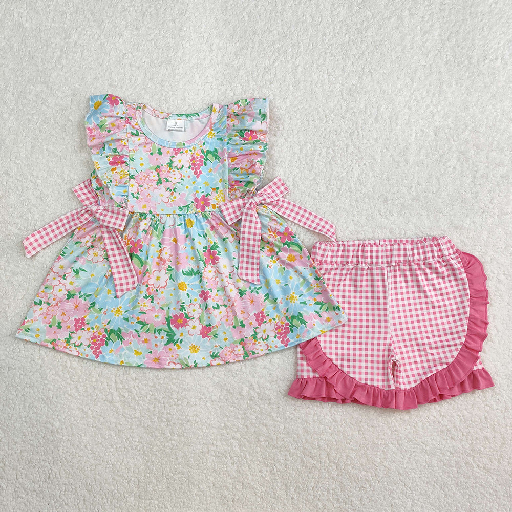 Baby Girls Blue Pink Flowers Bows Tunic Ruffle Shorts Clothes Sets