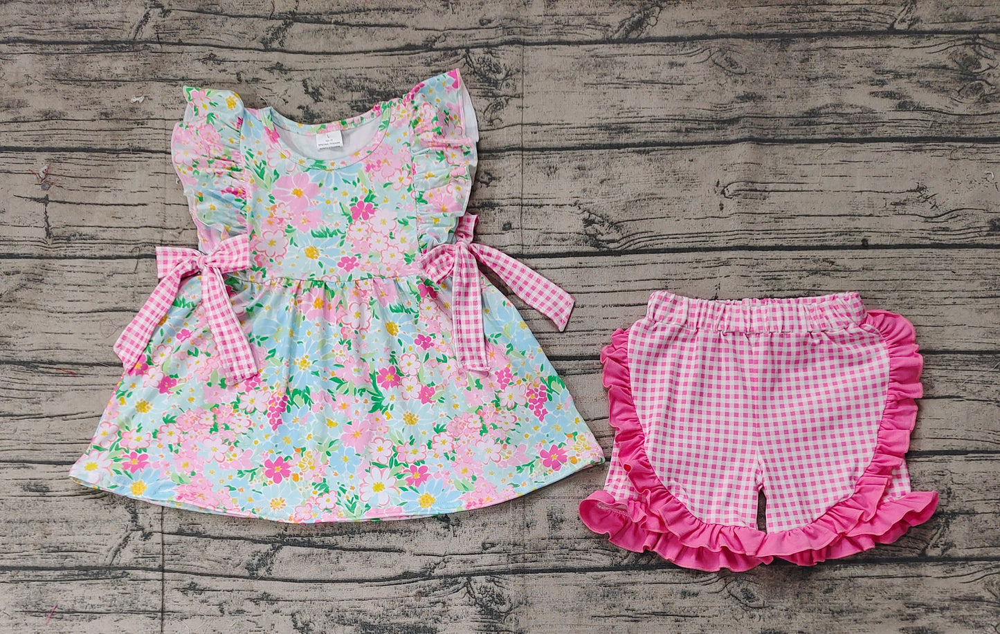 Baby Girls Blue Pink Flowers Bows Tunic Ruffle Shorts Clothes Sets