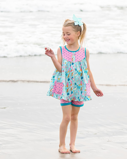 Baby Girls Seashell Pockets Tunic Top Shorts Clothes Sets Preorder