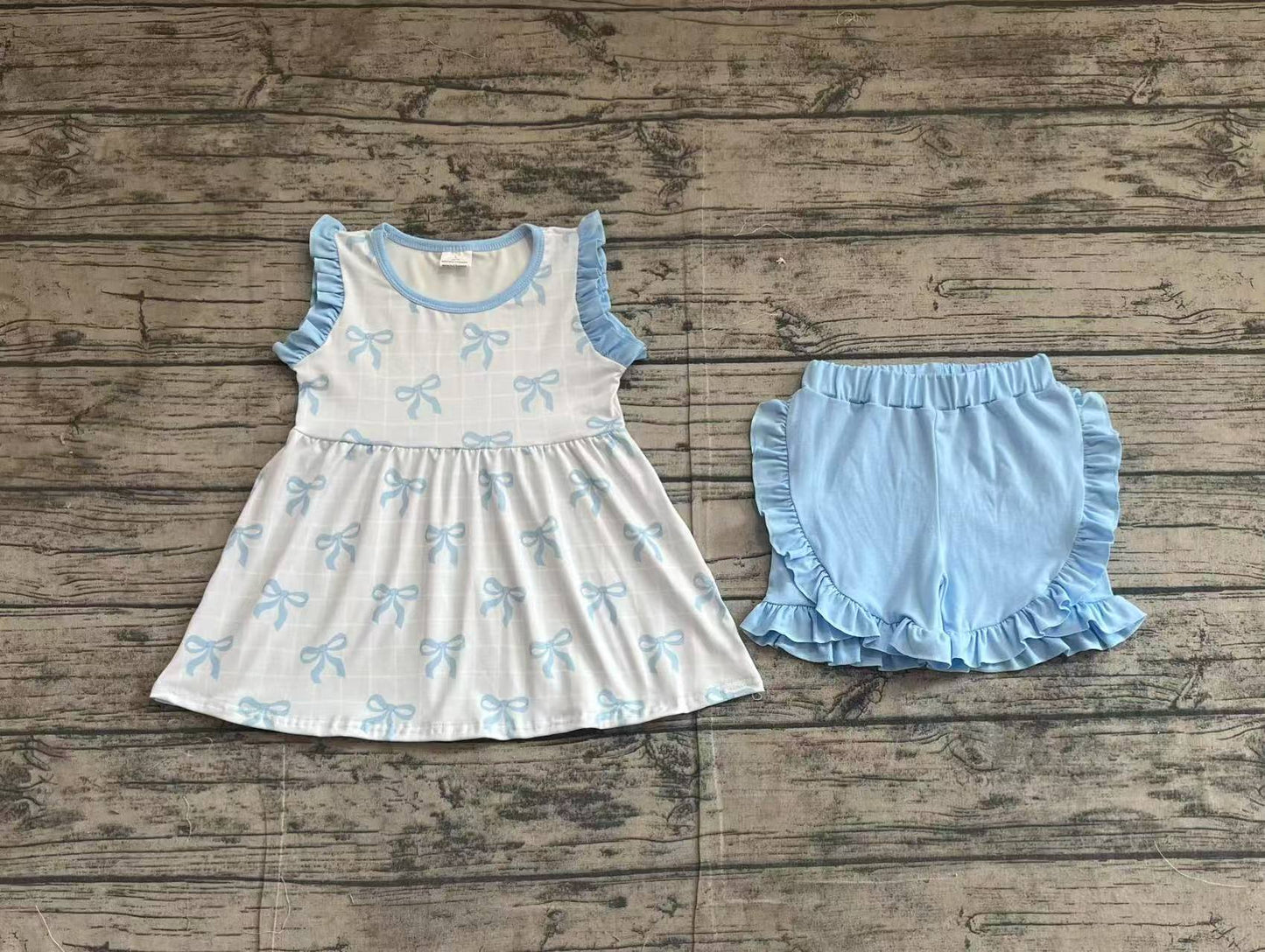 Baby Girls Blue Bows Sleeveless Tunic Ruffle Shorts Clothes Sets