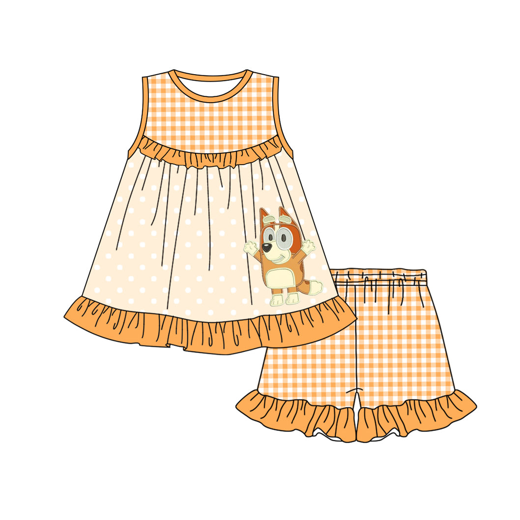 Baby Girls Orange Dots Dogs Tunic Ruffle Shorts Clothes Sets Preorder