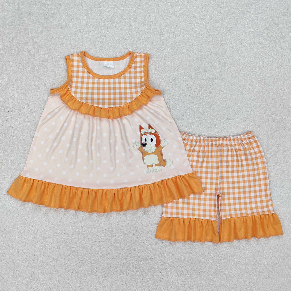 Baby Girls Orange Dots Dogs Tunic Ruffle Shorts Clothes Sets