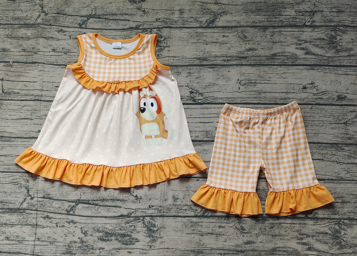 Baby Girls Orange Dots Dogs Tunic Ruffle Shorts Clothes Sets Preorder