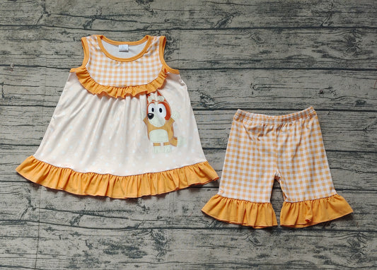 Baby Girls Orange Dots Dogs Tunic Ruffle Shorts Clothes Sets Preorder