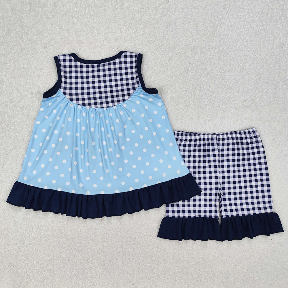 Baby Girls Blue Dots Dogs Tunic Ruffle Shorts Clothes Sets