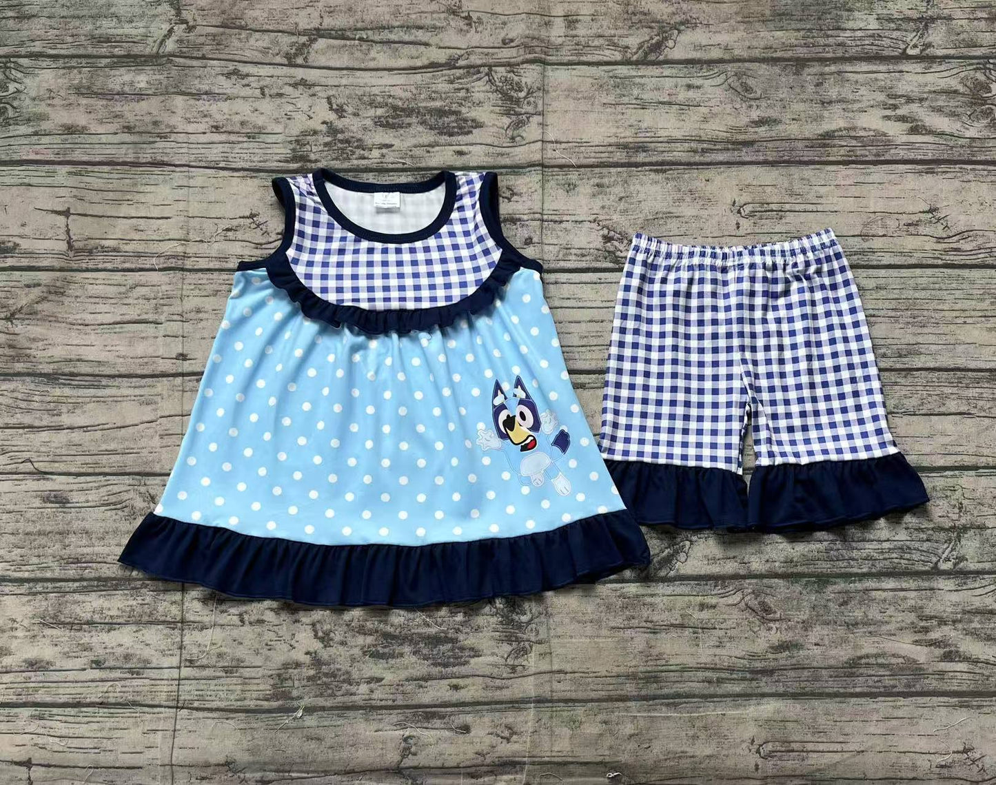 Baby Girls Blue Dots Dogs Tunic Ruffle Shorts Clothes Sets