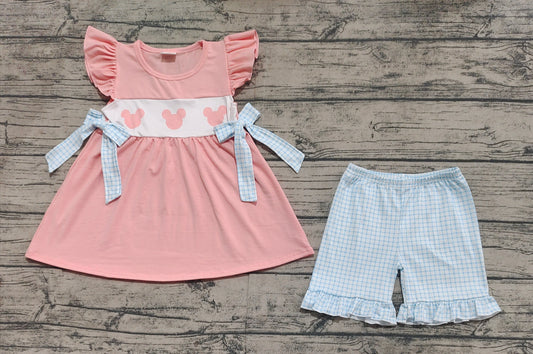 Baby Girls Pink Cartoon Mouse Bows Top Ruffle Shorts Clothes Sets