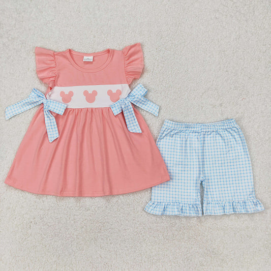 Baby Girls Pink Cartoon Mouse Bows Top Ruffle Shorts Clothes Sets
