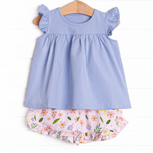Baby Girls Blue Tunic Top Ruffle Flowers Shorts Clothes Sets Preorder