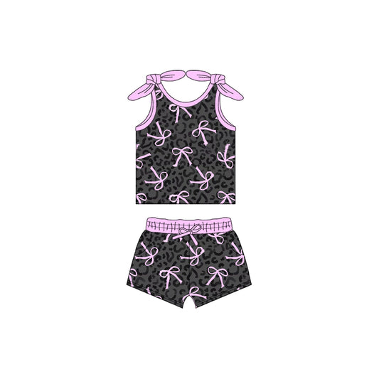 Baby Girls Black Leopard Bow Top Shorts Clothes Sets Preorder