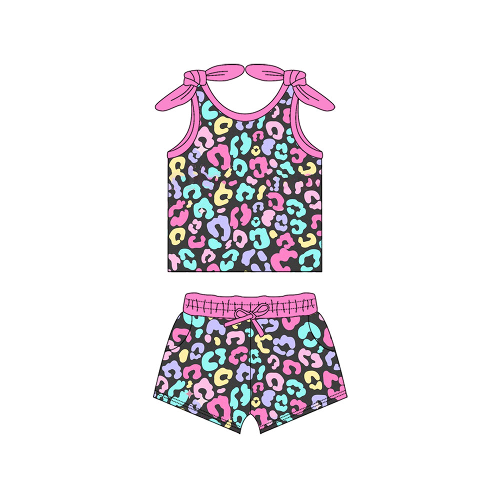 Baby Girls Colorful Leopard Bow Top Shorts Clothes Sets Preorder