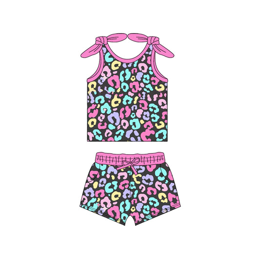 Baby Girls Colorful Leopard Bow Top Shorts Clothes Sets Preorder
