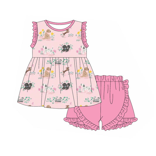 Baby Girls Pink Animal Dogs Top Ruffle Shorts Clothes Sets Preorder