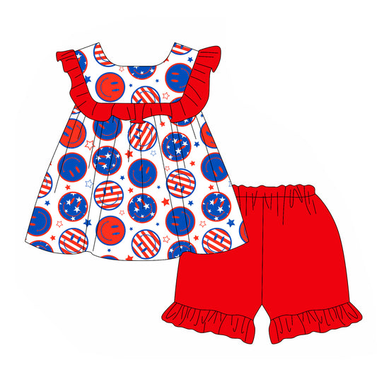 Baby Girls 4th Of July Smile Top Ruffle Shorts Clothes Sets Preorder