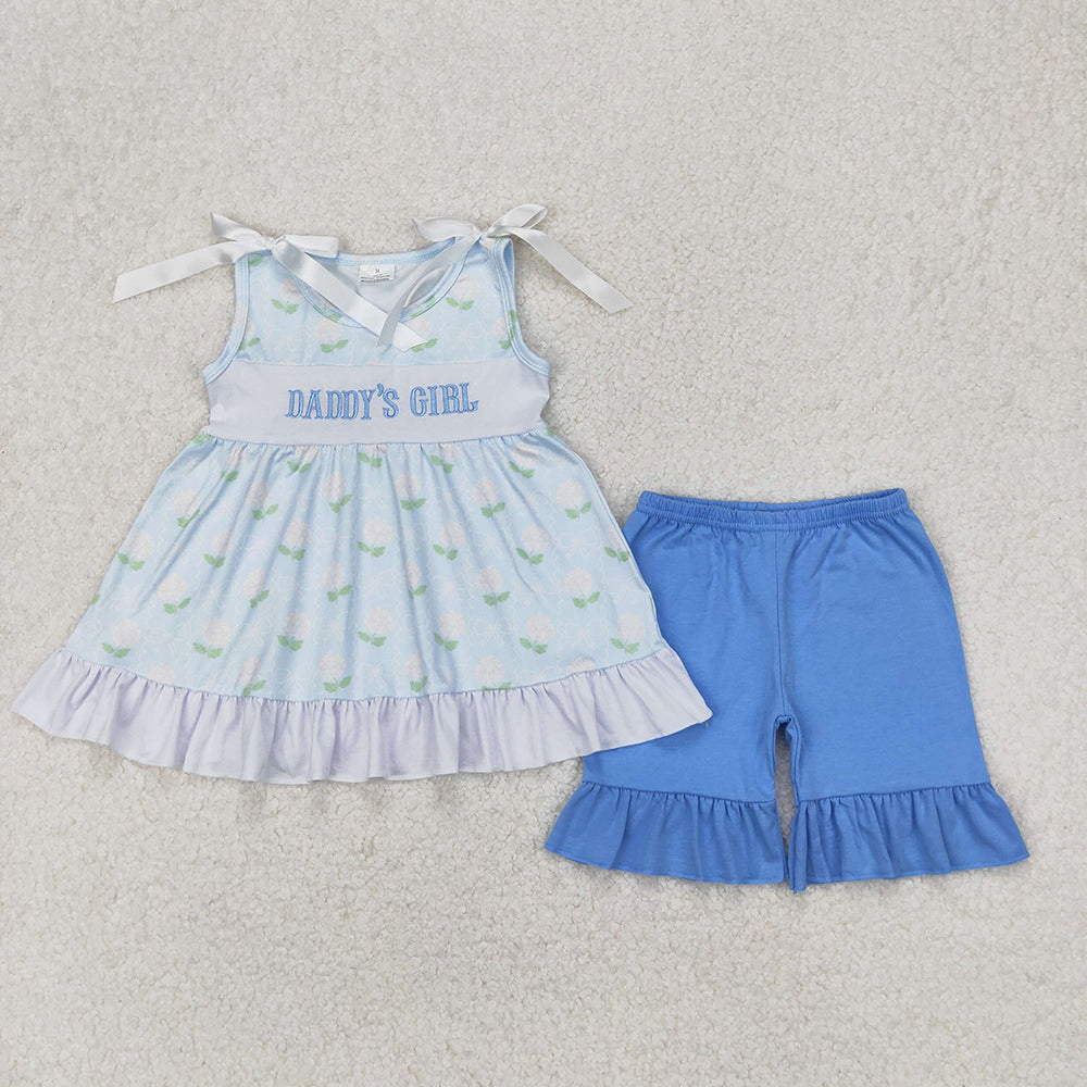 Sibling Baby Kids Blue Embroidery DADDY'S BOY GIRL Top Plaid Shorts Sets