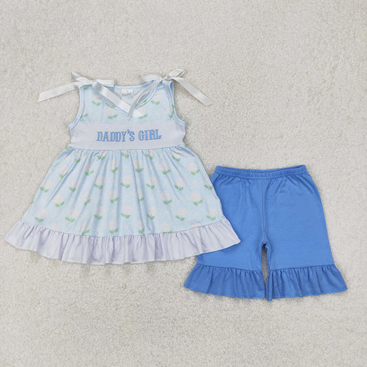 Sibling Baby Kids Blue Embroidery DADDY'S BOY GIRL Top Plaid Shorts Sets