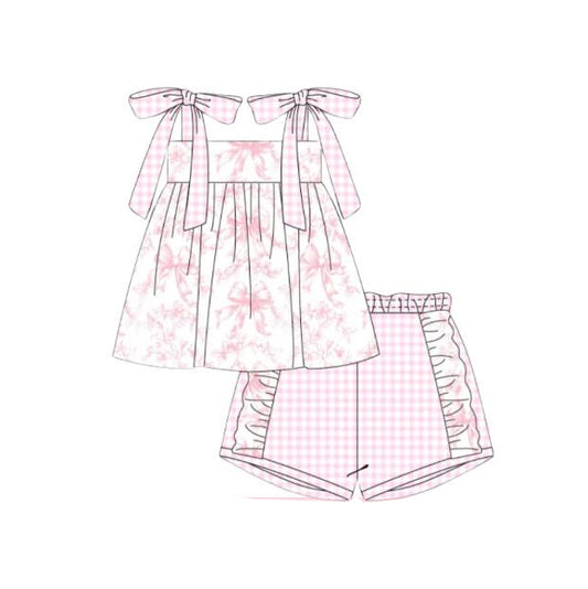 Baby Girls Pink Bows Straps Tunic Ruffle Shorts Clothes Sets Preorder