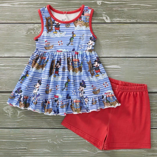 Baby Girls Cartoon Boat Tunic Shorts Clothes Sets Preorder